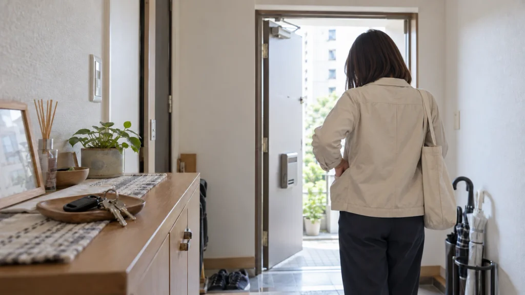玄関でポケットを確かめる女性の後ろ姿と、棚に置いたままの鍵
