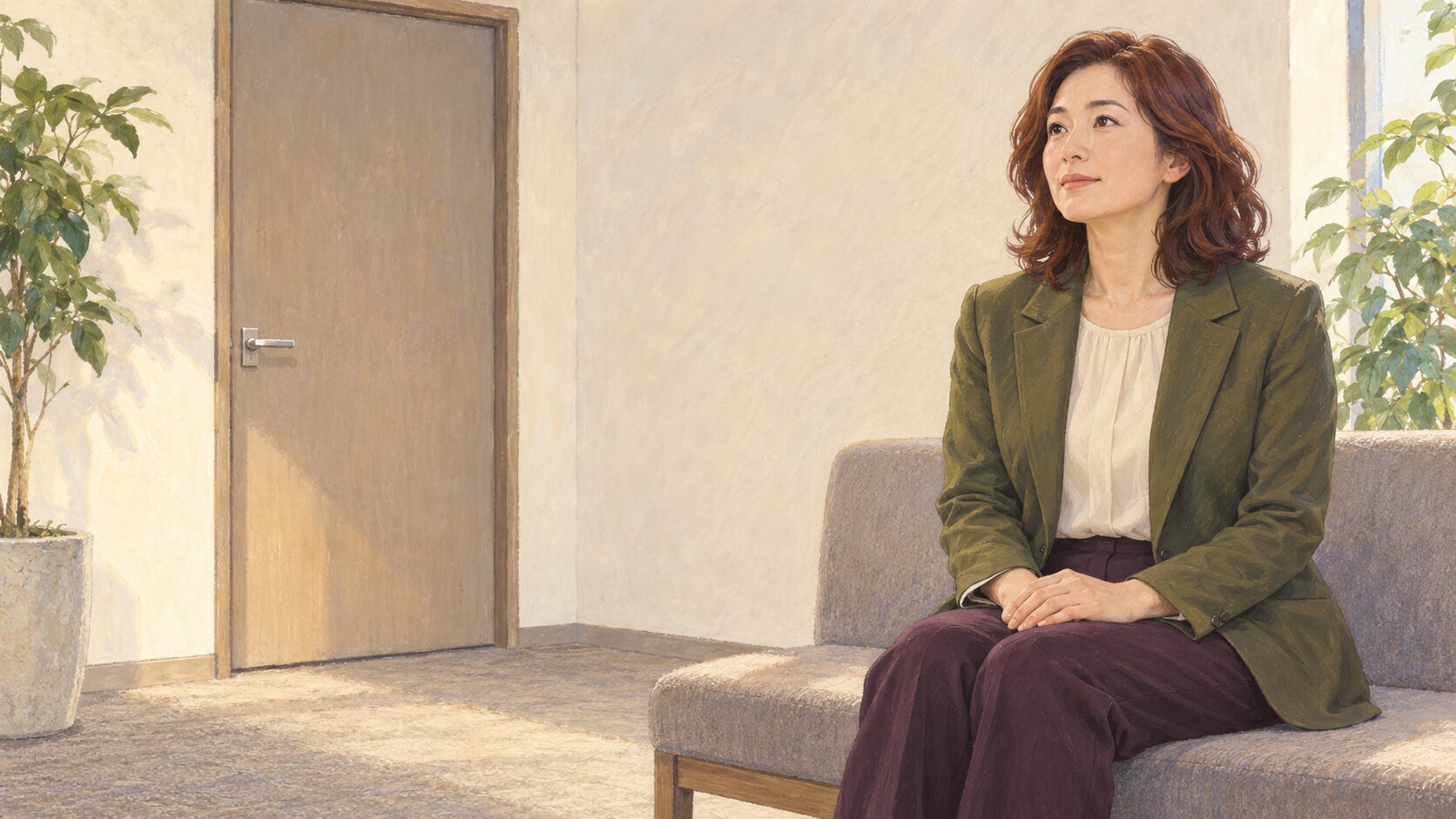 面接室前の静かな待機スペースで、40代女性が両手を膝に置き一呼吸している