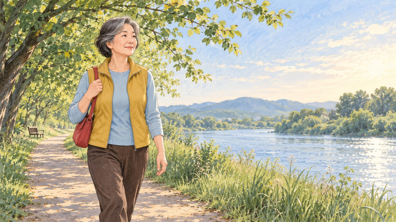 静かな河川沿いで、50代女性がゆっくり歩きながら軽い一日を過ごす