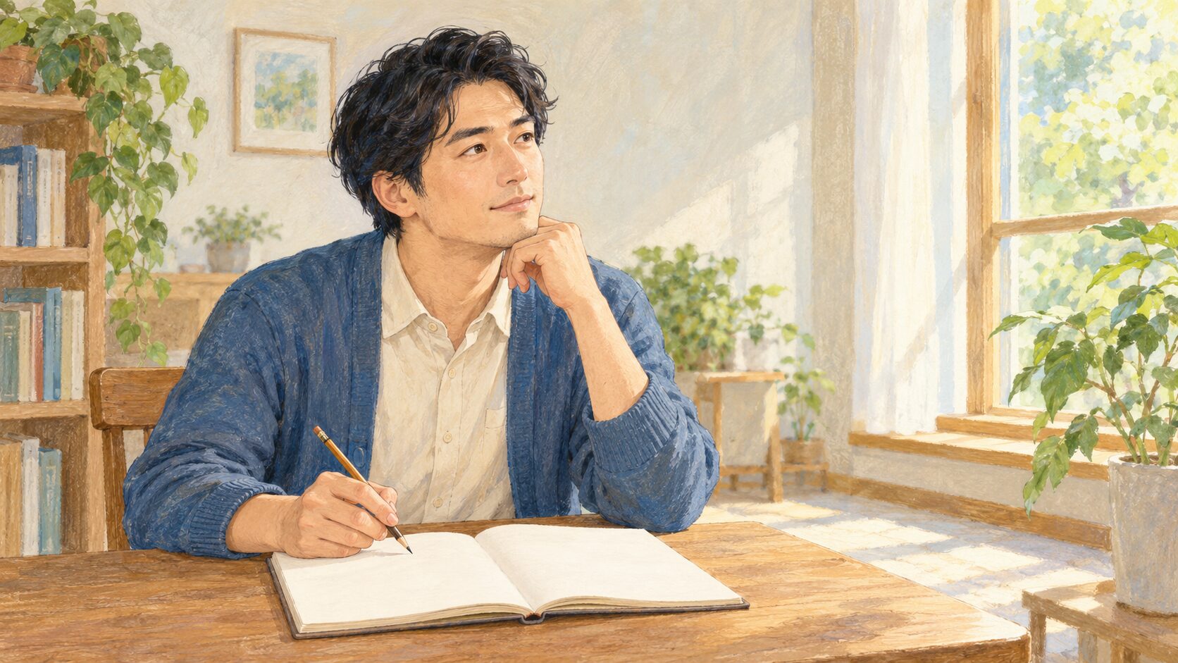 静かな読書コーナーで、30代男性が白紙ノートを前に質問を考える