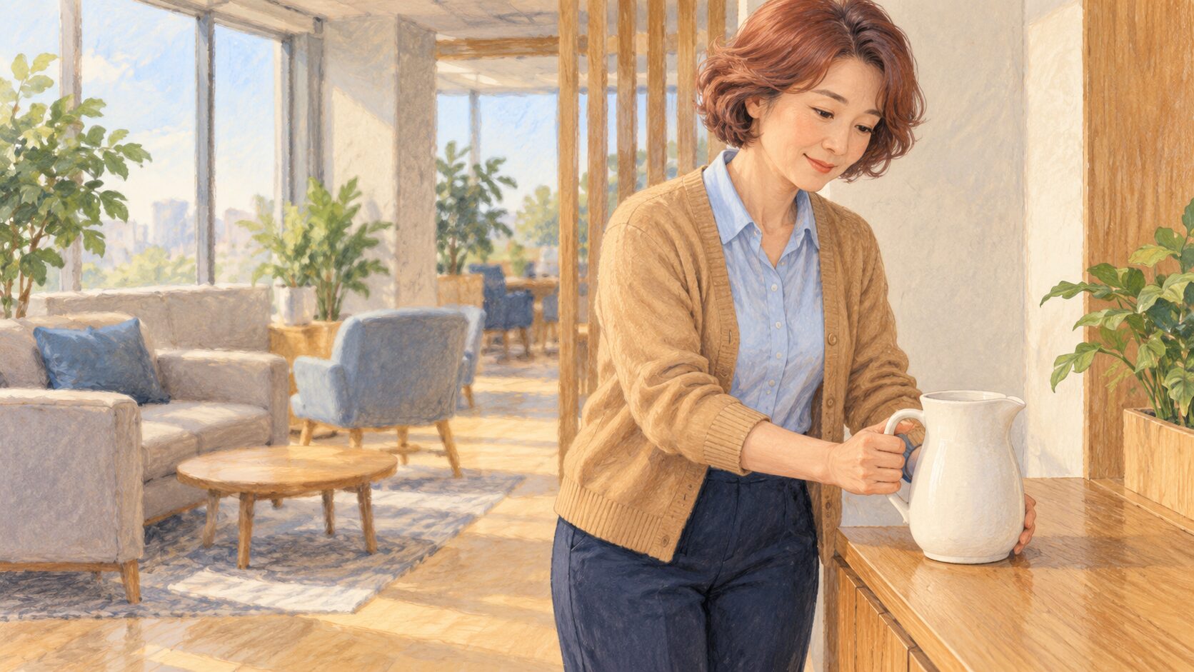 明るいオフィスラウンジで、40代女性が水を満たした共有ピッチャーをカウンターへ戻す