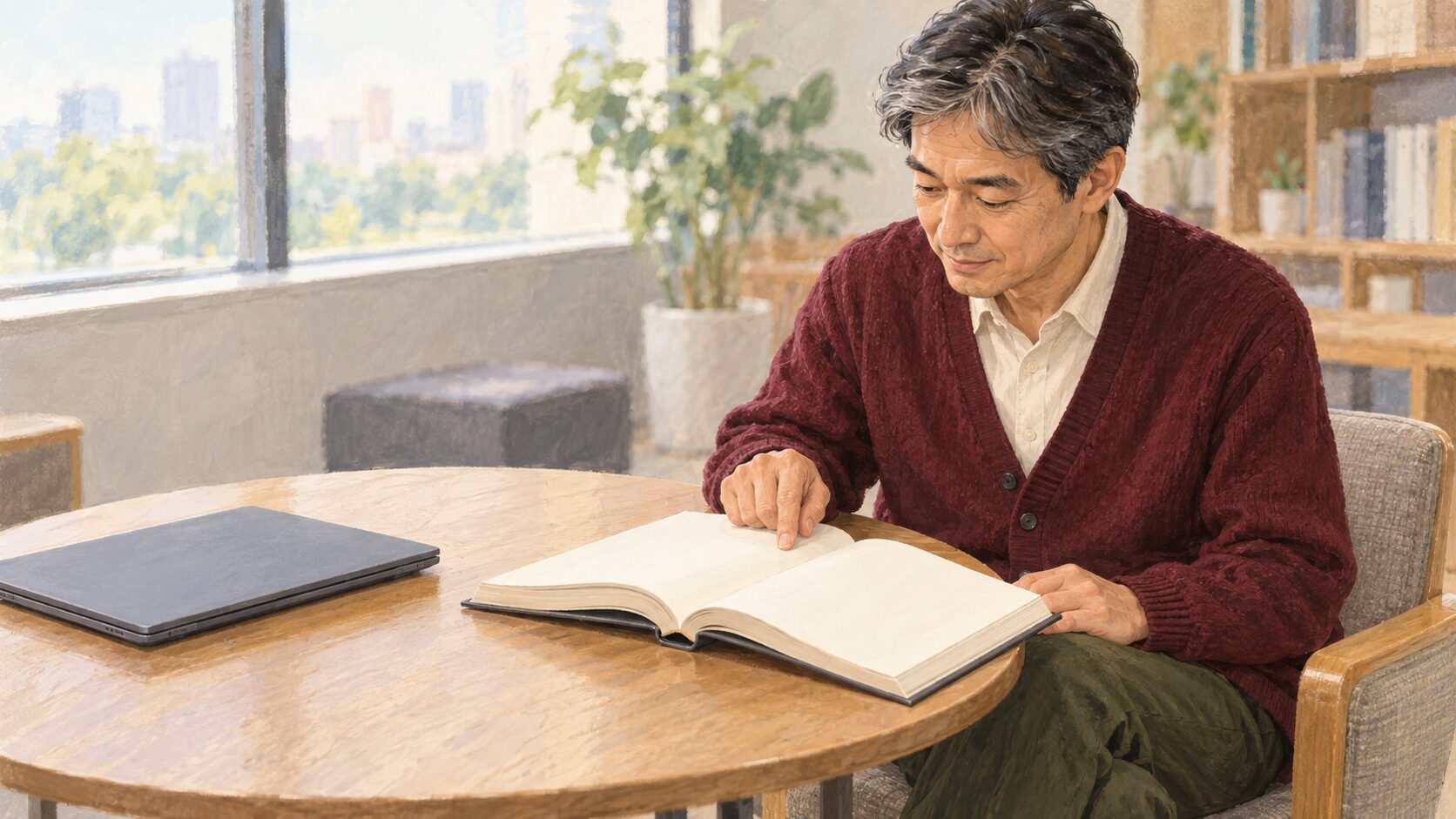 静かなオフィスの資料コーナーで、50代男性が一冊の無地の参考書へ集中する