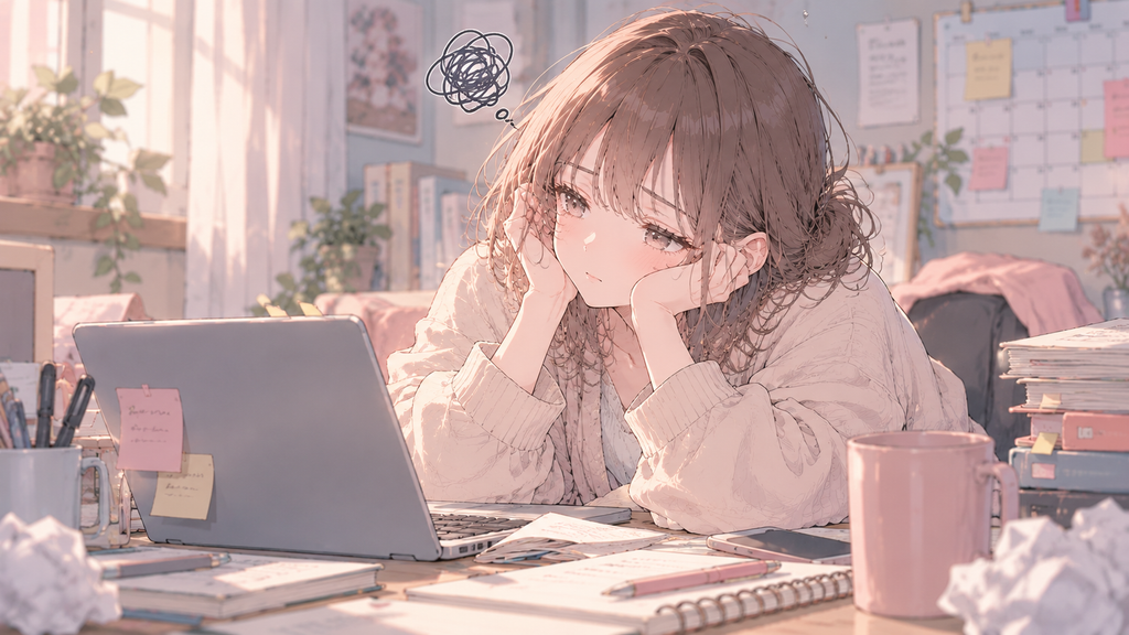 ADHDの先延ばしで仕事に取りかかれず悩む女性のイラスト