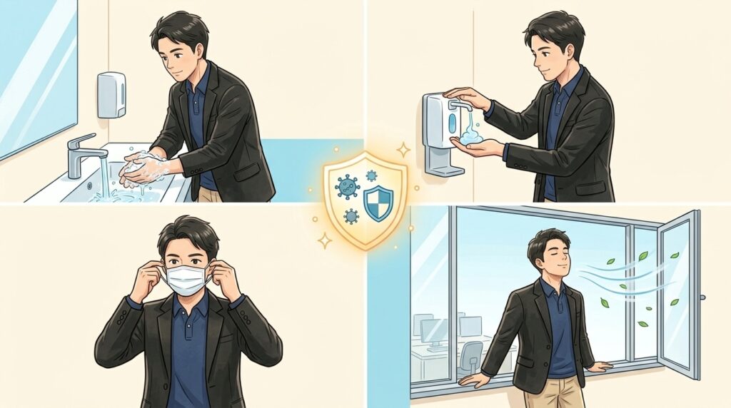 インフルエンザが流行する時期の体調管理を表すイラスト