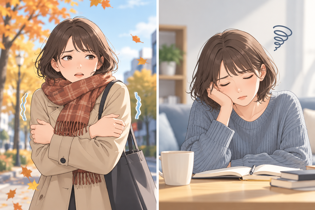 「秋バテや寒暖差による体調不良とセルフケアのイラスト」など